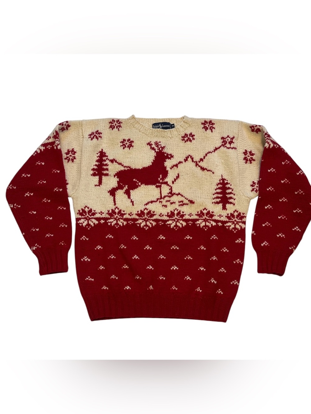 Vintage Polo Ralph Lauren Reindeer Sweater Size Medium Hand Knit Wool Fair Isle